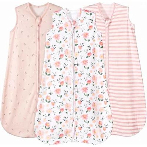 PHF 100% Organic Cotton Baby Sleep Sack 0-6 Months, Soft Lightweight Wearable Blanket for Babies, 2-Way Zipper 0.3 TOG Comfy Toddler Sleeping Sack 3 Pack for Boys Girls Neutral, Pink Floral (Small)