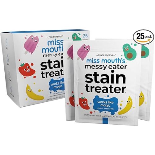 Miss Mouth's Messy Eater Stain Treater Wipes - 25 Pack Stain Remover - Newborn & Baby Essentials - No Dry Cleaning Food, Grease, Coffee Off Laundry, Underwear, Fabric