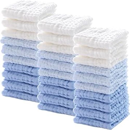Chumia 30 Pcs Baby Muslin Washcloths Muslin Burp Cloths Baby Towel Natural Cotton Burp Cloths Wipes Soft Newborn Face Towel Absorbent for Face Bath Shower, 12 x 12'' (Light Blue, White, Blue)