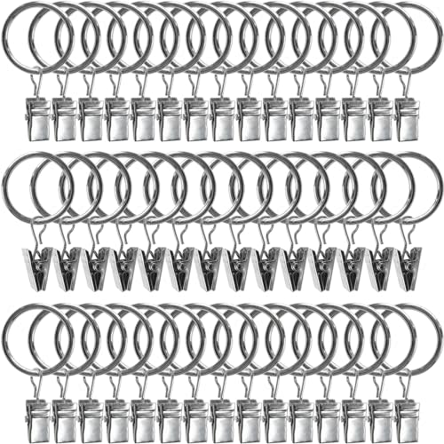 44 Pack Metal Curtain Rings with Clips, Drapery Clips with Rings, Drapes Rings 1 inch Inner Diameter, Fits Diameter 5/8 inch Curtain Rods, Silver