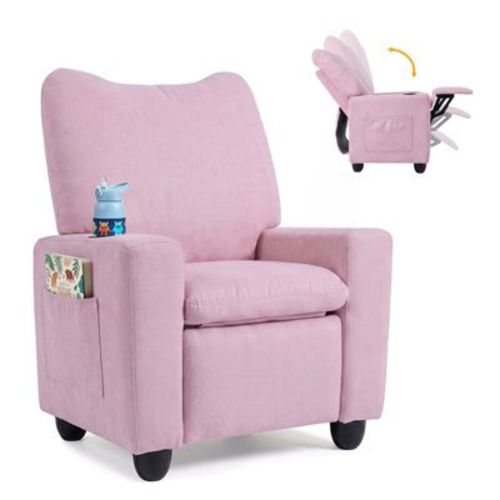 Costway Kids Recliner with Adjustable Backrest Footrest Cup Holder Side Pockets for Ages 3+ Pink
