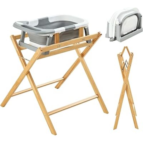 FUNLIO Baby Bathtub with Stand, Collapsible Baby Bathtub & Foldable Wooden Stand for 0-24 Months, Secure 8-Point Support, Waterproof Baby Bath Set, 110lbs Capacity — Ergonomic Back Friendly