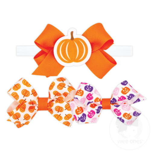 Three Mini Grosgrain Novelty Hair Bows with One Add-a-Bow Band - PUMPKIN | Wee Ones Hair Bows & Accessories