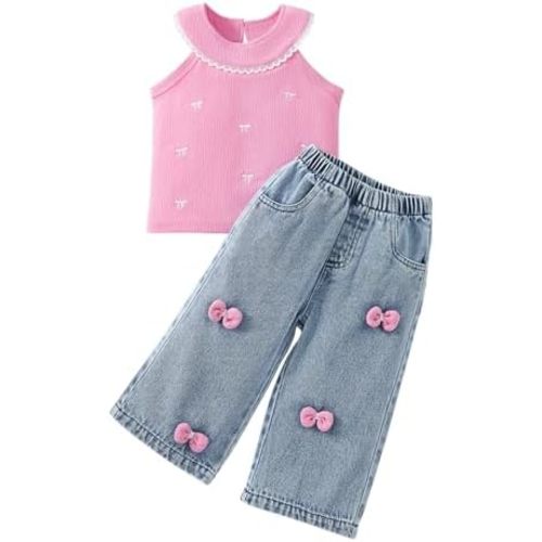 Toddler Baby Girl 2 Piece Outfits Pink Ruffle Sleeve Bow Top & Bow Print Denim Jeans Set Cute Casual Summer Clothes