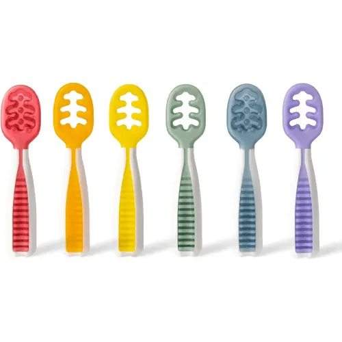 NumNum Pre-Spoon GOOtensils | 6 Baby Spoon Set (Stage 1 + Stage 2) | BPA Free Silicone, Rainbow