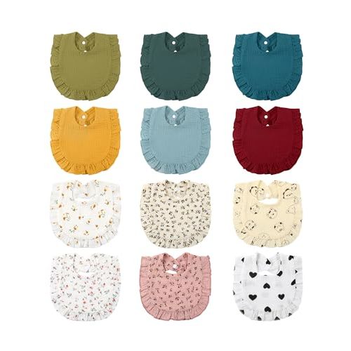 Geyoga 12 Pack Muslin Baby Bibs Adjustable Bandana Drool Bib for Unisex Cotton for Infants Boys Girls Teething