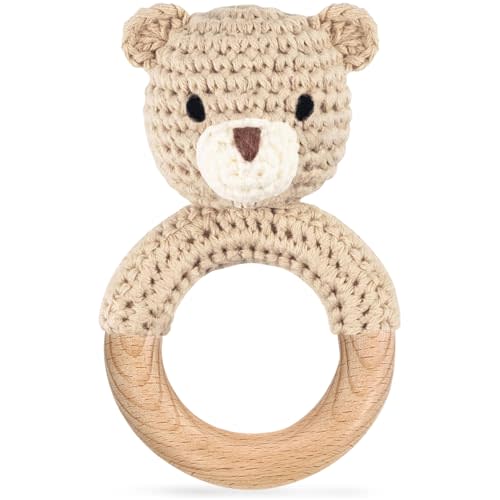 Wooden Baby Rattle, Handmade Crochet Stuffed Animal Organic Rattle Toys, Beige Bear Rattles for Babies 0-6 Months with Wood Teething Rings, Baby Announcements Ideas