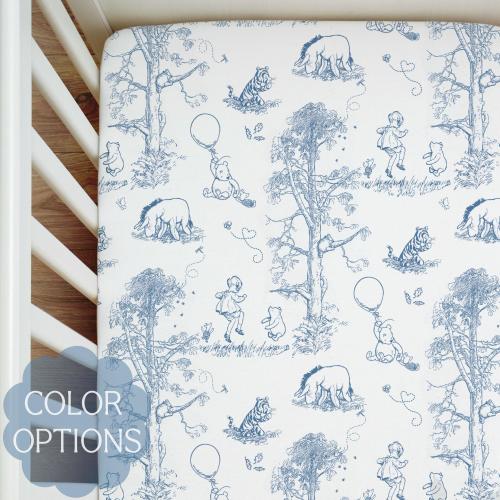 Toile Crib Sheet Winnie the Pooh Chinoiserie Baby Bedding Blue French Country Nursery Sage Storybook Decor Pink Vintage Heirloom Shower Gift