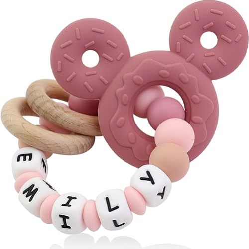 Personalized Baby Teether with Name - Custom Mouse Silicone Teether & Natural Wooden Ring for Boys & Girls - Handmade Unique Baby Shower Gift for Infants & Toddlers (Pink)