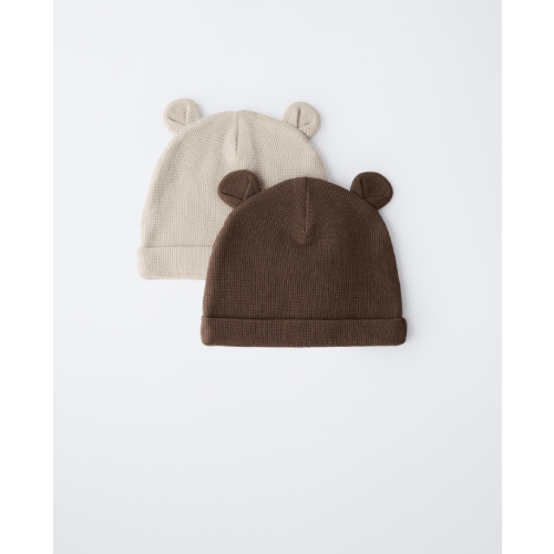 TWO-PACK OF WAFFLE KNIT EAR HATS - Ecru / Brown | ZARA United States