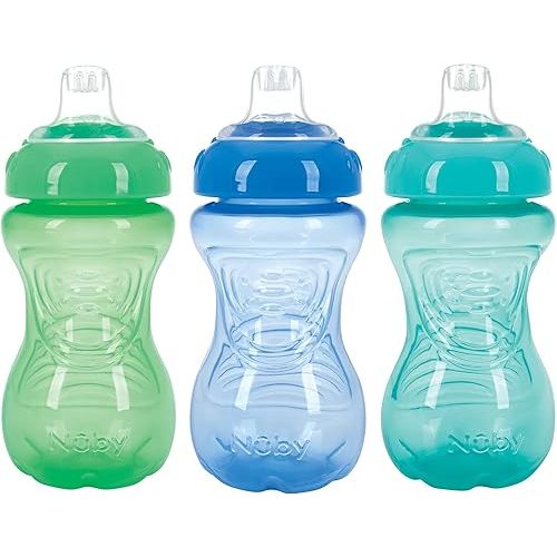 Nuby 3 Pack No Spill Toddler Sippy Cups - Toddler Cups Spill Proof with Easy and Firm Grip - Blue, Aqua, Green