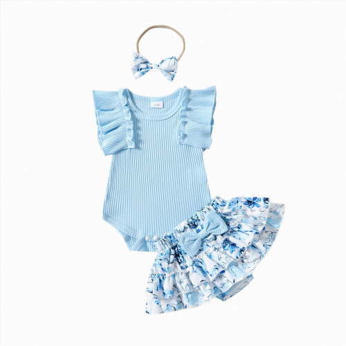 TOWED22 Newborn Baby Girl Clothes Mama is My Bestie Outfit Short Sleeve Romper Shorts Headband 3Pcs Summer Clothes Set Sky Blue,0-3 M