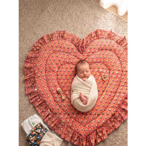Handmade Heart-Shaped Baby Play Mat, Floral Ruffle, Padded Cotton Floor Mat