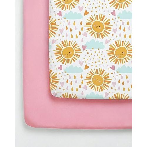 Pack and Play Sheets Fitted - 2 Pack Mini Crib Sheets for Pack N Play Mattress - Unisex Playard Microfiber Bedding for Boys & Girls - Soft, Breathable & Wrinkle Free - Oeko-Tex, 38 x 26in - Sunny Drop