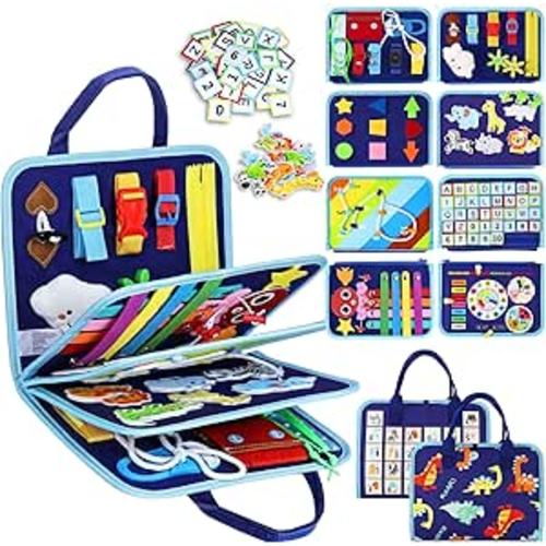 Esjay Toddler Busy Board Montessori Toys for Boys, Sensory Book Educational Activities for Learning Fine Motor Skills, Birthday Gifts for Boys Toddlers, Travel Toys for Airplane Car, Blue Dinosaur