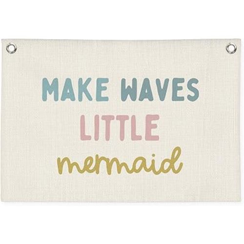 Mermaid Girls Room Decor, Ocean Room Decor Kids Wall Banner, Make Waves Little Mermaid Wall Hanging Banner Decor for Baby Nursery Little Girls Playroom Bedroom Bathroom 20x30