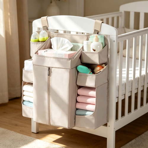Orangide Nursery Diaper Caddy Organizer, Hanging Storage Rack for Baby Crib, Multifunctional Washable Diaper Bag for Infant Wipes and Accessories