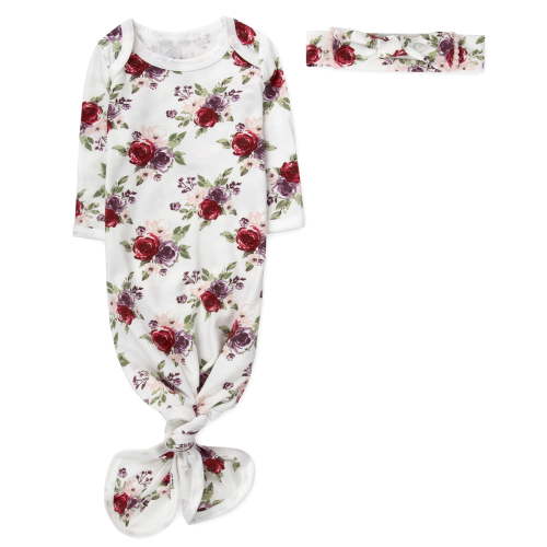 Baby Essentials Long Sleeve Knotted Patterned Sleeping Gown with Matching Headband for Newborn Infants 0 - 6 Months for Sleep, Cuddling, Swaddling and Lounge in Flower Garden