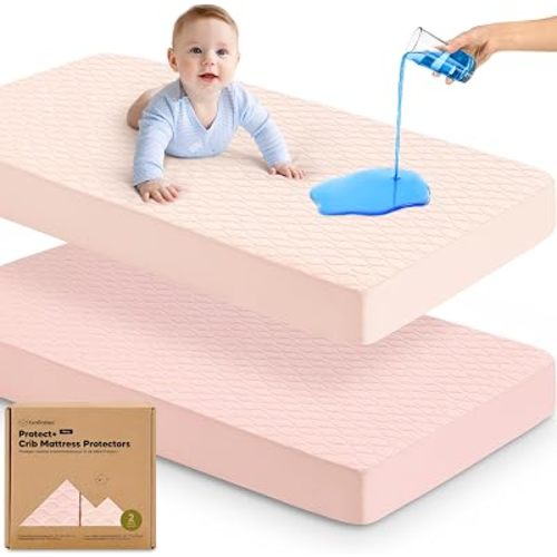 2-Pack Waterproof Crib Mattress Protector Cover Fitted - Quiet Baby Crib Mattress Pad Sheets, 52" x 28" Soft Quilted Cotton Baby Sheet, Machine Washable, Easy Fit, Durable (Mist Rose/Mavy)