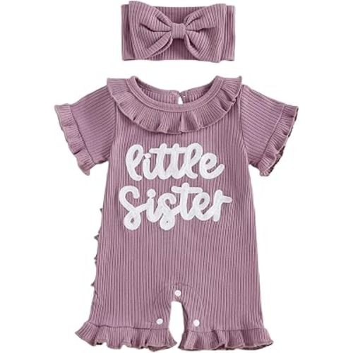 allshope Newborn Baby Girl Summer Outfit Romper Letter Embroidery Ruffle Trim Doll CollarJumpsuit Bodysuit Infant Clothes