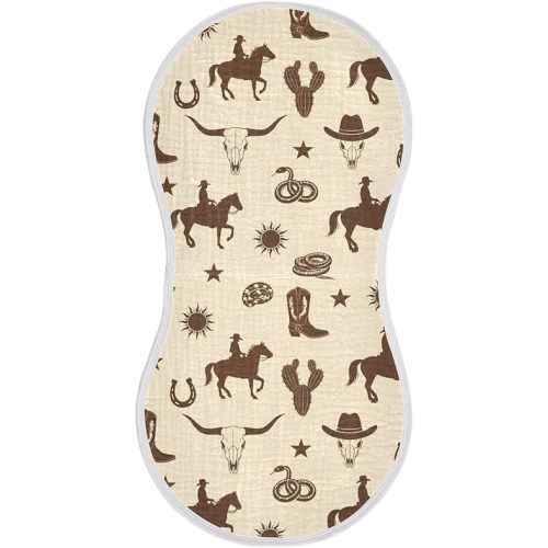 1 Pack Muslin Burp Cloths Western Cowboy Horse Beige Cotton Baby Burp Cloths Ultra Absorbent and Soft Thick Burping Cloth for Newborn Babies Boys Girls 22x11 Inch