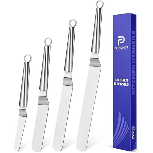 Offset Icing Spatula, Cake Angled Spatula Set with 4, 6, 8 & 10 Inch Blades, Stainless Steel Handle Suitable for Home, Kitchen or Bakery