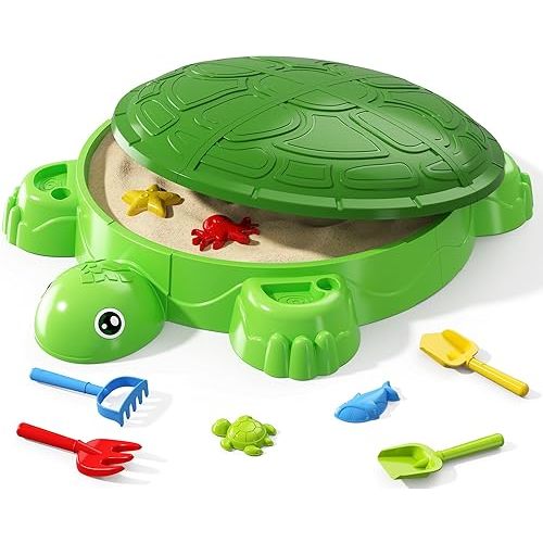 Wee Wonders Turtle Sandbox with Lid, Sand Box with Cover incl 8 Sand Toys, Sensory Playsand Activity for Backyard, Summer Beach Indoor Outdoor Toys Gifts for Toddler 3-5