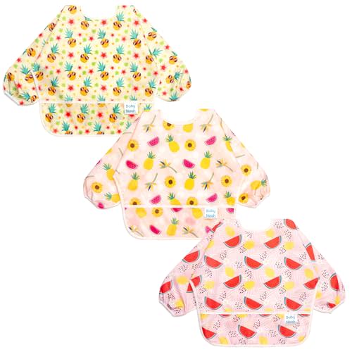 3 Pcs Long Sleeved Bib Set|Baby Waterproof Bibs with Pocket Bundle|Toddler Bib with Sleeves|Stain Resistance Smock 6-24 Month