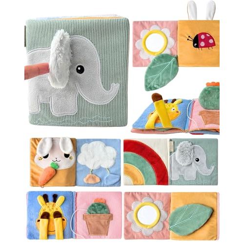 Cute Soft Baby Book with Mirror, Activities, Touch and Feel & Crinkle Pages - Interactive Sensory Cloth Toy for Babies 0-6, 6-12 & 12-18 Months - Adorable Animal Themes for Early Development