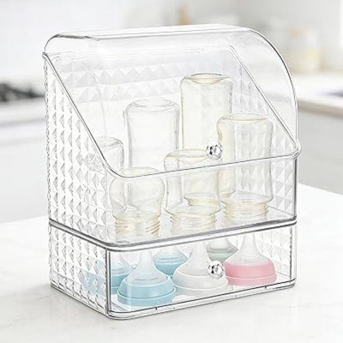 Flip-top Baby Bottle Organizer for 6 to 8 Bottles - Easy to Access, Space-Saving Clear Stackable Storage Drawers Baby Bottle Station for Kitchen Countertop Cabinet Nursery