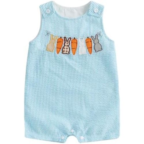 Toddler Boy Easter Outfit Bunny Carrot Embroidery Jumpsuit Sleeveless Overall Spring Palysuit Easter Clothes 0-3 Y