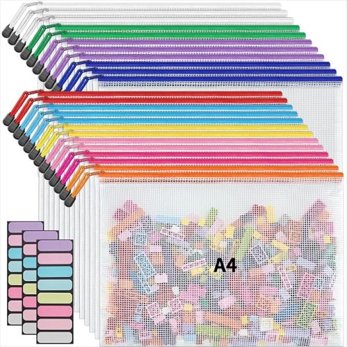 JARLINK A4 Letter Size 24 Pack 10 Colors Zipper Mesh Document Pouch, Mesh Bags for Board Games & Puzzles, Waterproof Document Zipper Pouches for Office School Supplies, Toys, Cosmetics Travel Storage