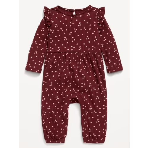 Printed Long-Sleeve Ribbed Ruffle-Trim Jumpsuit for Baby | Burgundy Ditsy Floral | 12-18M