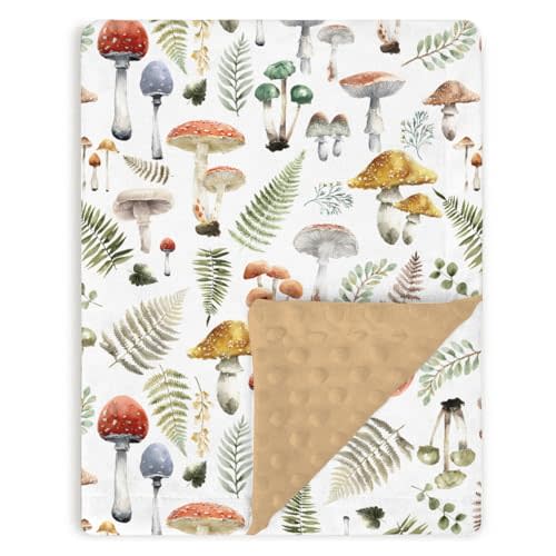 Boho Mushroom Forest Baby Blankets for Girls Boys 30" x 40", Brown Soft Double Layer Minky Blanket with Dotted Fleece Back, Nursery Bed Receiving Quilt for Newborn Infant Toddler Shower Gift