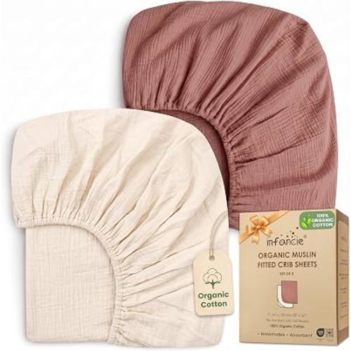 100% Organic Cotton 2 PK Baby Muslin Crib Sheets for Boys 28x52 in