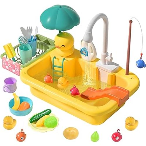 CUTE STONE Play Sink with Running Water, Kitchen Sink Toys with Play Food and Kitchen Utensils, Pool Floating Toys for Fishing Game, Children Role Play Electric Dishwasher Toy Gift for Boys Girls