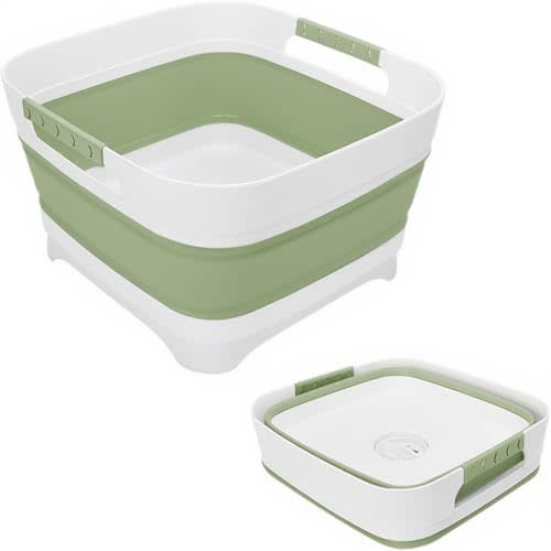 Upgraded 2.4 Gal (9L) Collapsible Dish Basin with Drain Plug, Space Saving Multiuse Foldable Sink Tub, Dishpan, Beverage Tubs for Camping, Vegetable Washing, RV(Green)