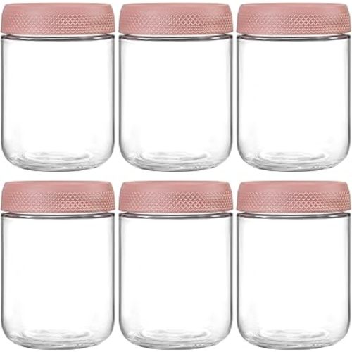 NETANY 6-pack 16oz Glass jars with Airtight Lids, Overnight Oats Containers with Lids, Wide mouth Mason Salad jars, Glass Food Storage Containers for Snacks Yogurt Spice Sugar-Pink