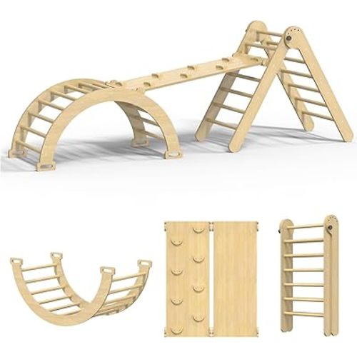 Pikler Triangle Set, 7 in 1 Foldable Climbing Toys Set for Kids, Baby Jungle Gym with Ramp & Arch,Wooden Montessori Climbing Set Indoor for Toddler (Natural)