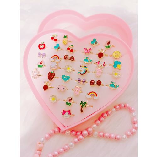 36pcs Little Girl Adjustable Rings in Box,  Kids Cute Jewelry Rings Set with Heart Shape Display Case, Girl Pretend Play and Dress up Rings