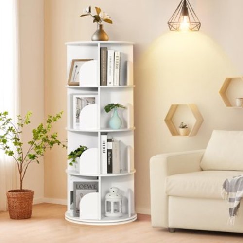 Rengue 4-Tier Rotating Bookshelf Tower, 360° Spinning Bookcase, Revolving Book Shelf, Corner Book Organizer & Display for Small Spaces, Bedroom, Living Room, Office (White)