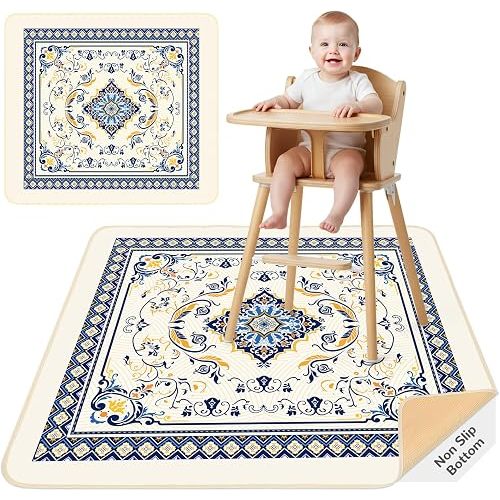 Unicorn Castle Splat Mat for Under High Chair Waterproof Baby Play Splat Mat for Art Crafts Non Slip High Chair Food Catcher Floor Mat for Baby,Navy Blue Geometric