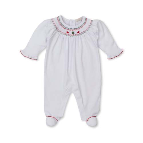 CLB Holiday Medley 25 Christmas Tree White Hand Smocked Footie