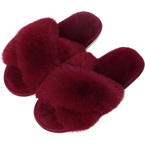 Evshine Women's Fuzzy Slippers Cross Band Memory Foam House Slippers Open Toe