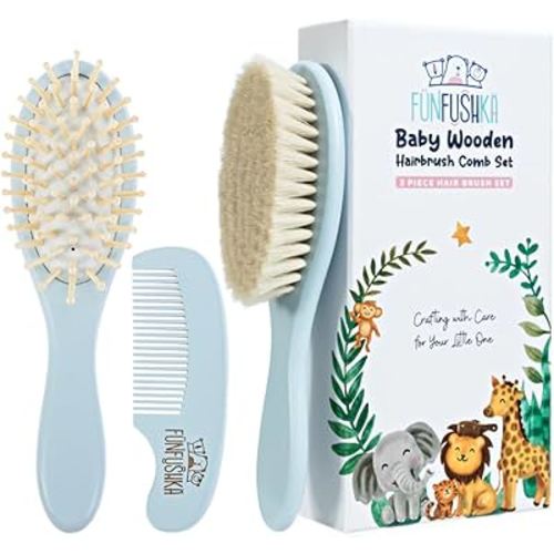 Baby Hair Brush Set for Newborns - Baby Brush and Comb Set - Ultra Soft Goat Hair Bristles, Perfect for Cradle Cap, Newborn Showers & Registries Gift, Comb Brush for Girls & Boys (Sky)