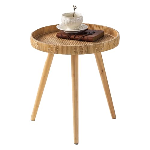Round Side Table, Boho Circle End Table Coffee Table with Solid Wood Leg, Rattan Side Tables Living Room for Small Spaces, Bedroom, Corners