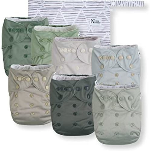 Nora's Nursery Cloth Diapers 7 Pack with 7 Bamboo Inserts & 1 Wet Bag - Waterproof Cover, Washable, Reusable & One Size Adjustable Pocket Diapers for Newborns and Toddlers - Morning Dew