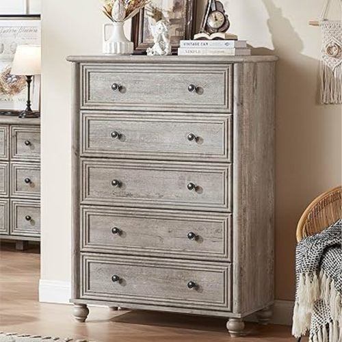 Farmhouse 5 Drawers Dresser for Bedroom, Wood 45" Tall Dressers Chest of Drawers, Kids Dresser Rustic Storage Dressers Organizer with Metal Handle Closet for Living Room, Hallway