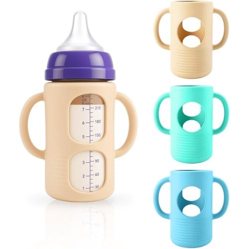 3-Pack Silicone Sleeves for New Lansinoh & Pigeon Glass Baby Bottle, BPA-Free Drop-Resistant Baby Bottle Sleeves with Handles, Compatible with New Lansinoh & Pigeon Glass Bottles (8 oz)