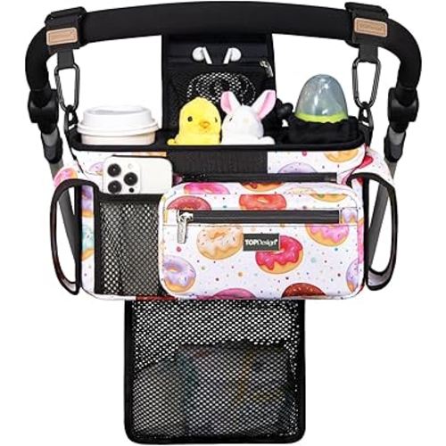 TOPDesign Universal Baby Stroller Organizer, Stroller Caddy with Detachable Mesh Bag & Heightened Insulated Cup Holders & Non-Slip Secure Hooks Accessories, Fits Most Strollers (Donuts)